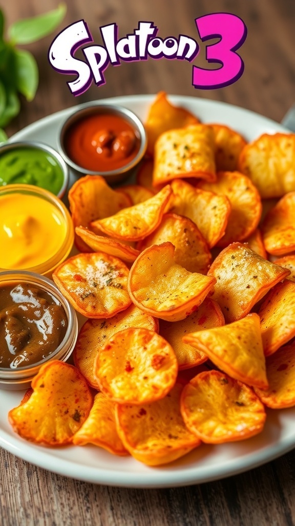 A plate of crispy Chirpy Chips with colorful dips, inspired by Splatoon 3.